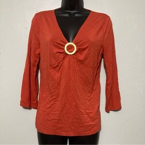 Y2K V-Neck Cotton Blouse with Gold Brooch Accent Cottagecore Summer Beachy